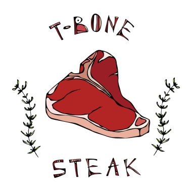 T-Bone Biftek Beef s kekik Herb çerçeve yazı ile kesmek. Kasap ve et lokantası Restoran Menü Logo için et Rehberi'nde. El çizimi çekilmiş. Savoyar Doodle stili.