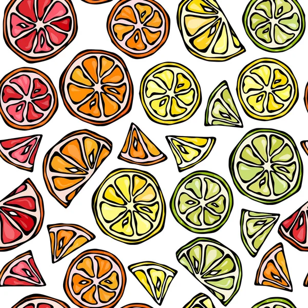 Sömlös oändliga mönster av Citrus. Citron, Lime, Orange, Grapefruite. Hand dras Illustration. Savoyar Doodle stil. — Stock vektor