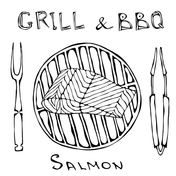 BBQ en Grill Logo. Zalmfilet op een barbecue-Grill. Met vork en Tang. Zeevruchten Logo. Het Menu van het Restaurant van zee. De hand getekende illustratie. Savoyar Doodle stijl. — Stockvector