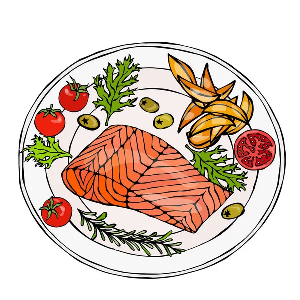 Bir tabak patates dilimleri, domates ve otlar ile Somon fileto. Kavrulmuş balık kesim. Deniz ürünleri Logo. Deniz Restoran Menü. Şenlikli yemeği. El çizimi çekilmiş. Savoyar Doodle stili. — Stok Vektör