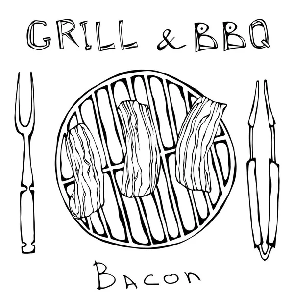 BBQ en Grill Logo. Gebakken spek op een barbecue-Grill. Geroosterde varkensvlees Slises. Met vork en Tang. Het Menu van het restaurant. Engels ontbijt ingrediënt. De hand getekende illustratie. Savoyar Doodle stijl. — Stockvector