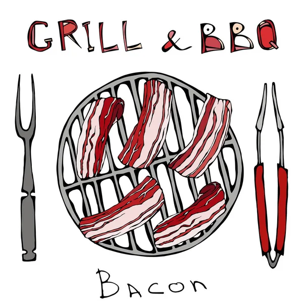 BBQ en Grill Logo. Spek op een barbecue-Grill. Geroosterde varkensvlees Slises. Met vork en Tang. Het Menu van het restaurant. Engels ontbijt ingrediënt. De hand getekende illustratie. Savoyar Doodle stijl. — Stockvector