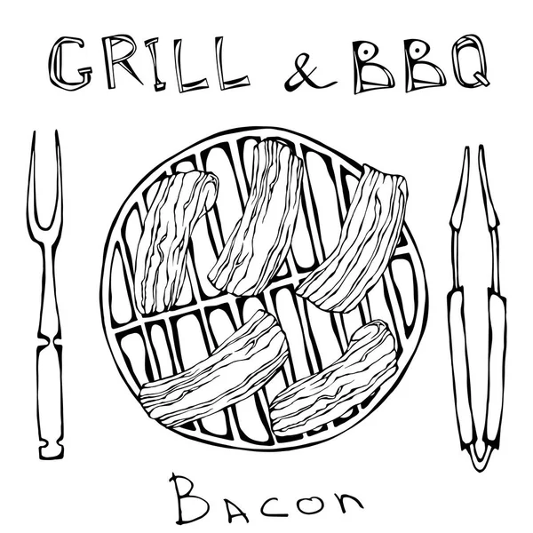 Rożna i Grill Logo. Boczek na Grill grilla. Pieczeń wieprzowa Slises. Widelec i kleszcze. Menu restauracji. Śniadanie angielskie składnika. Ilustracja. Savoyar Doodle stylu. — Wektor stockowy