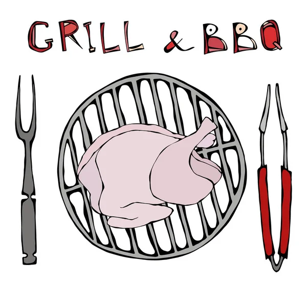 Rożna i Grill Logo. Surowego kurczaka lub indyka na Grill grilla. Widelec i kleszcze. Menu restauracji. Śniadanie angielskie składnika. Ilustracja. Savoyar Doodle stylu. — Wektor stockowy