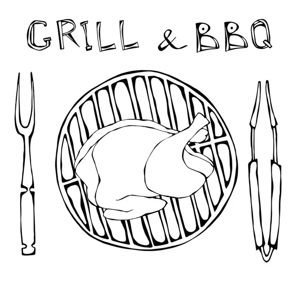 BBQ en Grill Logo. Ruwe kip of kalkoen op een barbecue-Grill. Met vork en Tang. Het Menu van het restaurant. Engels ontbijt ingrediënt. De hand getekende illustratie. Savoyar Doodle stijl. — Stockvector