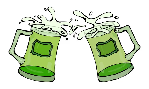 Bière verte St. Patricks Day Symbol Deux verres avec éclaboussure de boisson alcoolisée. Saint Patricks Day Ireland Illustration vectorielle Dessinée à la main. Doodle style Savoyar . — Image vectorielle