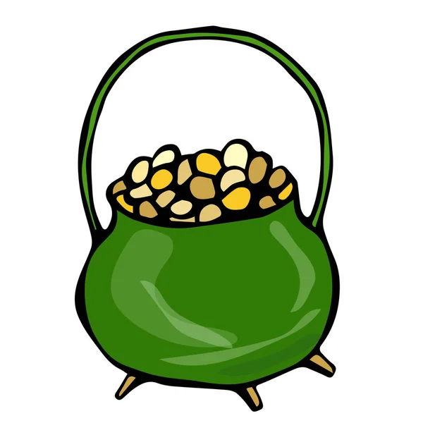 Olla Verde con Oro. Día de San Patricio Irlanda Vector Ilustración Dibujado a mano. Doodle estilo saboyar . — Archivo Imágenes Vectoriales