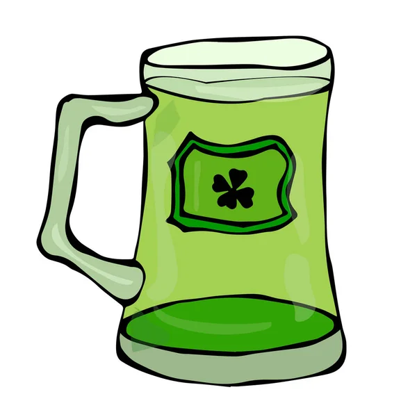 Green Beer St. Patricks Day Symbol Glass with Splash of Alcoholic Drink. Saint Patricks Day Ireland Vector Illustration Hand Drawn. Savoyar Style Doodle. — Stock Vector