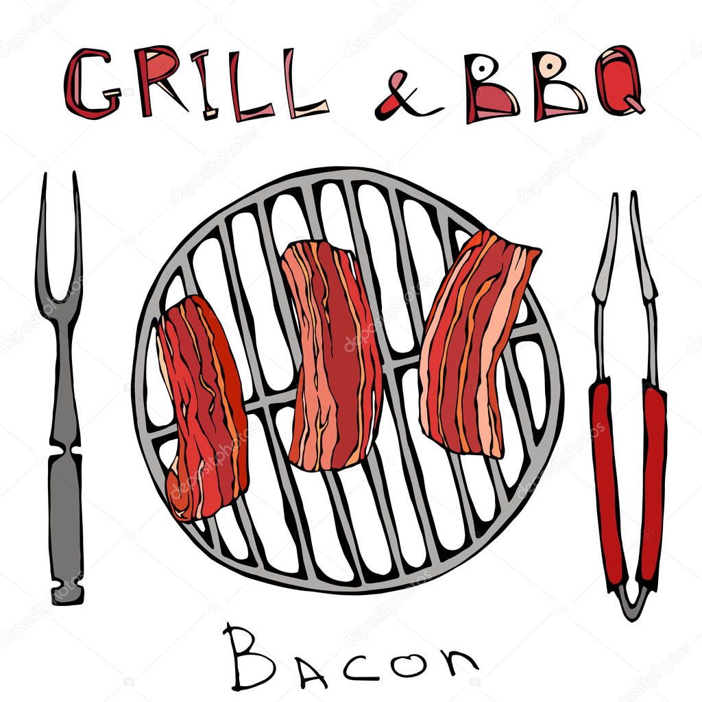 BBQ and Grill Logo. Fried Bacon on a Barbeque Grill. Roasted Pork Slises. With Fork and Tongs. Restaurant Menu. English Breakfast Ingredient. Hand Drawn Illustration. Savoyar Doodle Style.