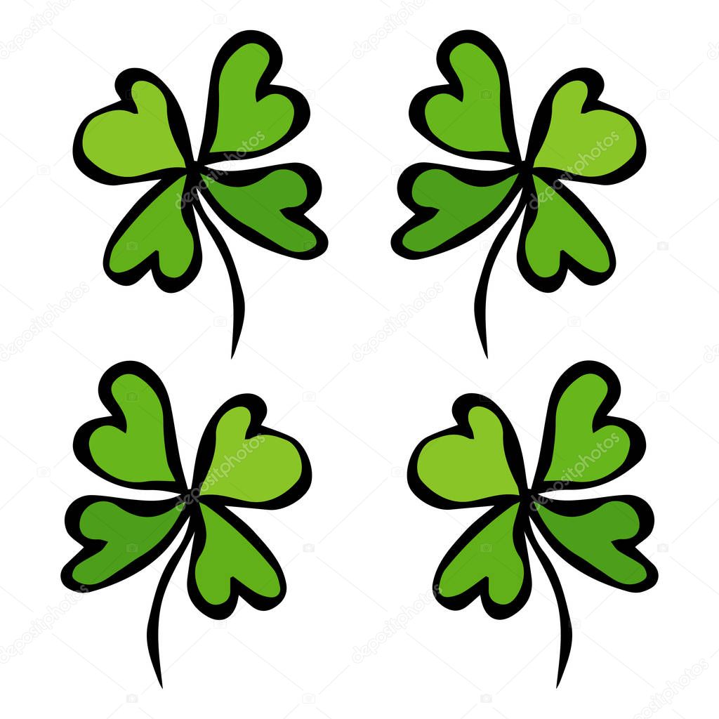 Four Leaf Green Clover. Luck, Success Symbol. Good Luck. Irish Luch. Saint Patricks Day Ireland Vector Illustration Hand Drawn. Savoyar Style Doodle.