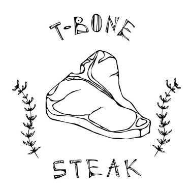 T-Bone Biftek Beef s kekik Herb çerçeve yazı ile kesmek. Kasap ve et lokantası Restoran Menü Logo için et Rehberi'nde. El çizimi çekilmiş. Savoyar Doodle stili.