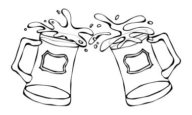 Yeşil bira St Patricks Günü sembolü iki bardak sıçrama ile alkollü içki. Saint Patricks Day İrlanda vektör çizim elle çizilmiş. Savoyar stil Doodle.