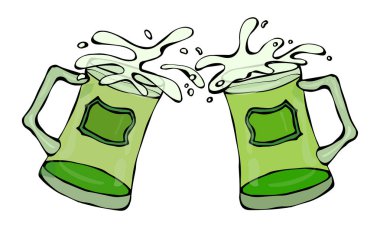Yeşil bira St Patricks Günü sembolü iki bardak sıçrama ile alkollü içki. Saint Patricks Day İrlanda vektör çizim elle çizilmiş. Savoyar stil Doodle.