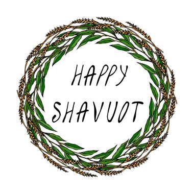 Yahudi tatil mutlu Shavuot kartı çelenk buğday Spikelets, defne yaprak yeşil. El yazılı metin. Yuvarlak çelenk malt, metin şablonu için alan. Gerçekçi elle çizilmiş şekil. Savoyar Doodle stili.