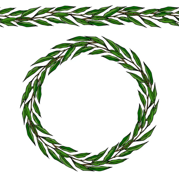 Green Bay Leaf Endless Ribbon Brush. Laurel Round Wreath Frame with a Space for Text. Farm Harvest Template. Realistic Hand Drawn Illustration. Savoyar Doodle Style. — Stock Vector