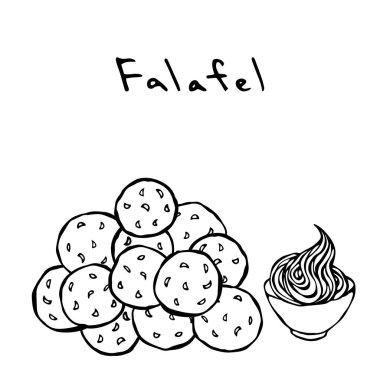 Grup Falafel topları ve sos. Orta Doğu mutfağı. Arapça geleneksel yemek. İsrail vejetaryen sağlıklı Fast Food. Yahudi sokak gıda. Gerçekçi elle çizilmiş şekil. Savoyar Doodle stili.