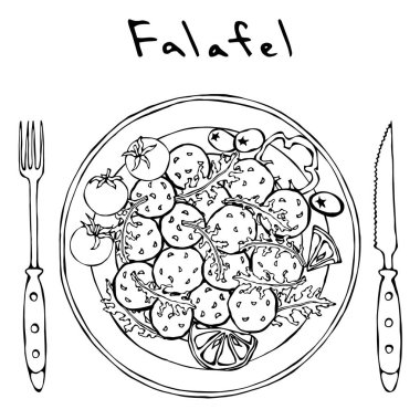 Falafel, roka bitki yaprakları, limon, domates tabak, çatal, bıçak. Orta Doğu. Arap İsrail vejetaryen sağlıklı Fast Food. Yahudi Sokağı. Gerçekçi elle çizilmiş şekil. Savoyar Doodle stili.