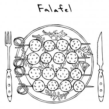 Falafel roka yaprakları, limon, çatal, bıçak ile tabakta Eçi üzerinde. Barbekü. Arapça İsrail vejetaryen sağlıklı Fast Food ızgara. Yahudi sokak gıda. Gerçekçi elle çizilmiş şekil. Savoyar Doodle stili.