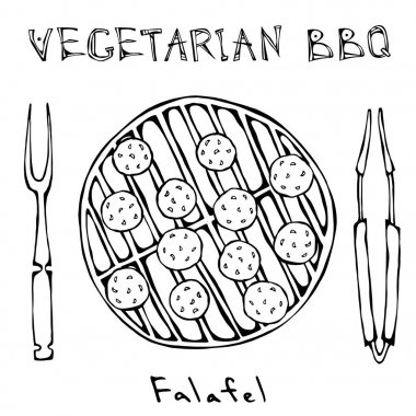 Falafel Vejetaryen Barbekü ızgara, çatal, maşa. Orta Doğu mutfağı. Arap İsrail vejetaryen sağlıklı Fast Food. Yahudi sokak gıda. Gerçekçi elle çizilmiş şekil. Savoyar Doodle stili.