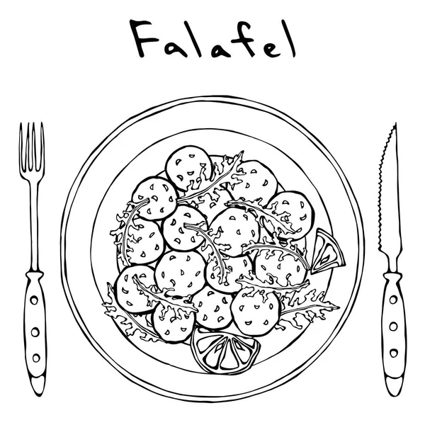 Falafel, Rucola Kräuterblätter, Zitrone auf Teller, Gabel, Messer. Nahöstliche Küche. arabisch israel vegetarisches gesundes Fast Food. Jüdische Straße. realistische handgezeichnete Illustration. Savoyar-Doodle-Stil. — Stockvektor