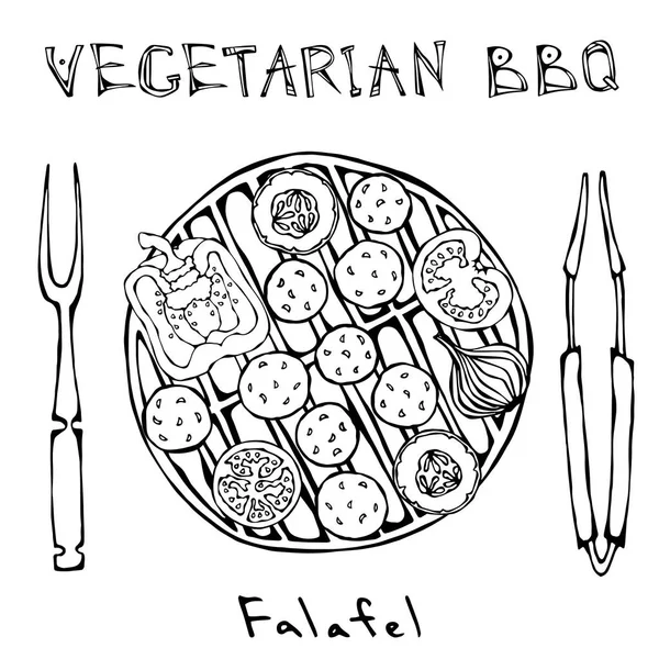 Grelhador de churrasco vegetariano Falafel, Legumes, Garfo, Pinças. Cozinha do Médio Oriente. Árabe Israel Vegetariano Saudável Fast Food. Comida de rua judaica. Ilustração desenhada à mão realista. Estilo Doodle Savoyar . — Vetor de Stock