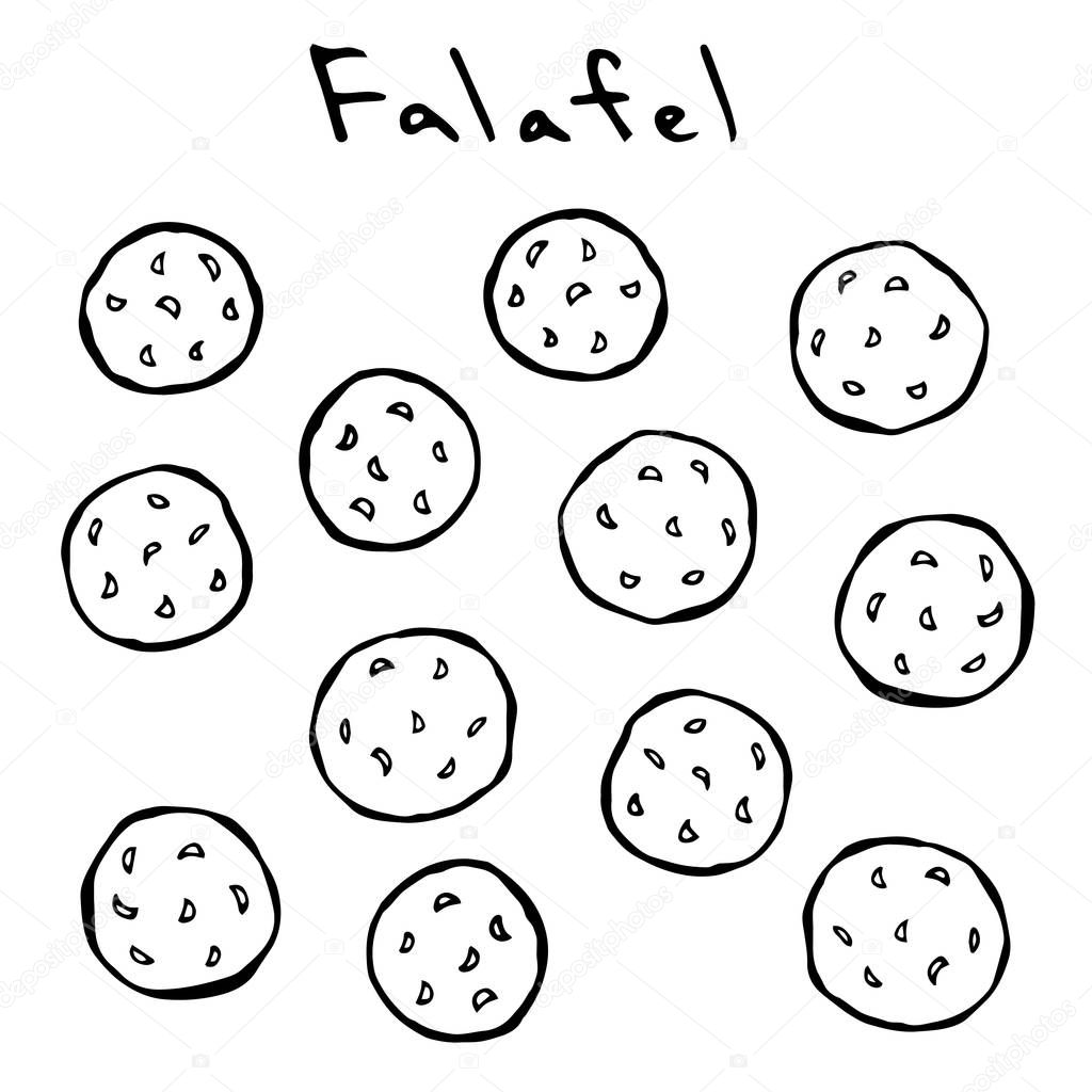 Falafel Middle Eastern Cuisine. Arabic Traditional Meal. Israel Vegetarian Healthy Fast Food. Jewish Street Food. Realistic Hand Drawn Illustration. Savoyar Doodle Style