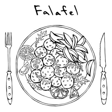 Falafel, roka bitki yaprakları, limon, domates, patates dilimleri tabak, çatal, bıçak. Arap İsrail vejetaryen sağlıklı Fast Food. Yahudi Sokağı. Gerçekçi elle çizilmiş şekil. Savoyar Doodle stili.