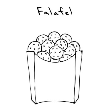 Falafel bir kutu içinde. Orta Doğu. Arap İsrail vejetaryen sağlıklı Fast Food. Yahudi Sokağı. Gerçekçi elle çizilmiş şekil. Savoyar Doodle stili.