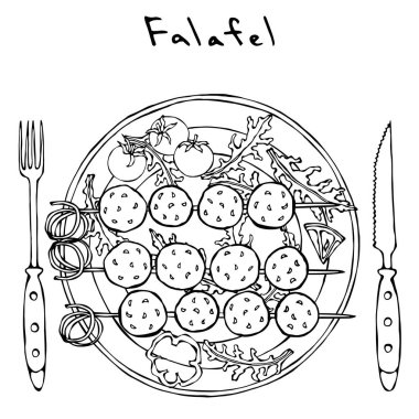 Falafel roka yaprakları, limon, çatal, bıçak ile tabakta Eçi üzerinde. Barbekü. Arapça İsrail vejetaryen sağlıklı Fast Food ızgara. Yahudi sokak gıda. Gerçekçi elle çizilmiş şekil. Savoyar Doodle stili.