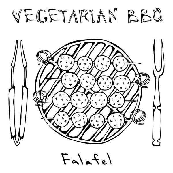 Falafel num espeto. Grill BBQ Falafel. Cozinha do Médio Oriente. Árabe Israel Vegetariano Saudável Fast Food. Comida de rua judaica. Ilustração desenhada à mão realista. Estilo Doodle Savoyar . — Vetor de Stock