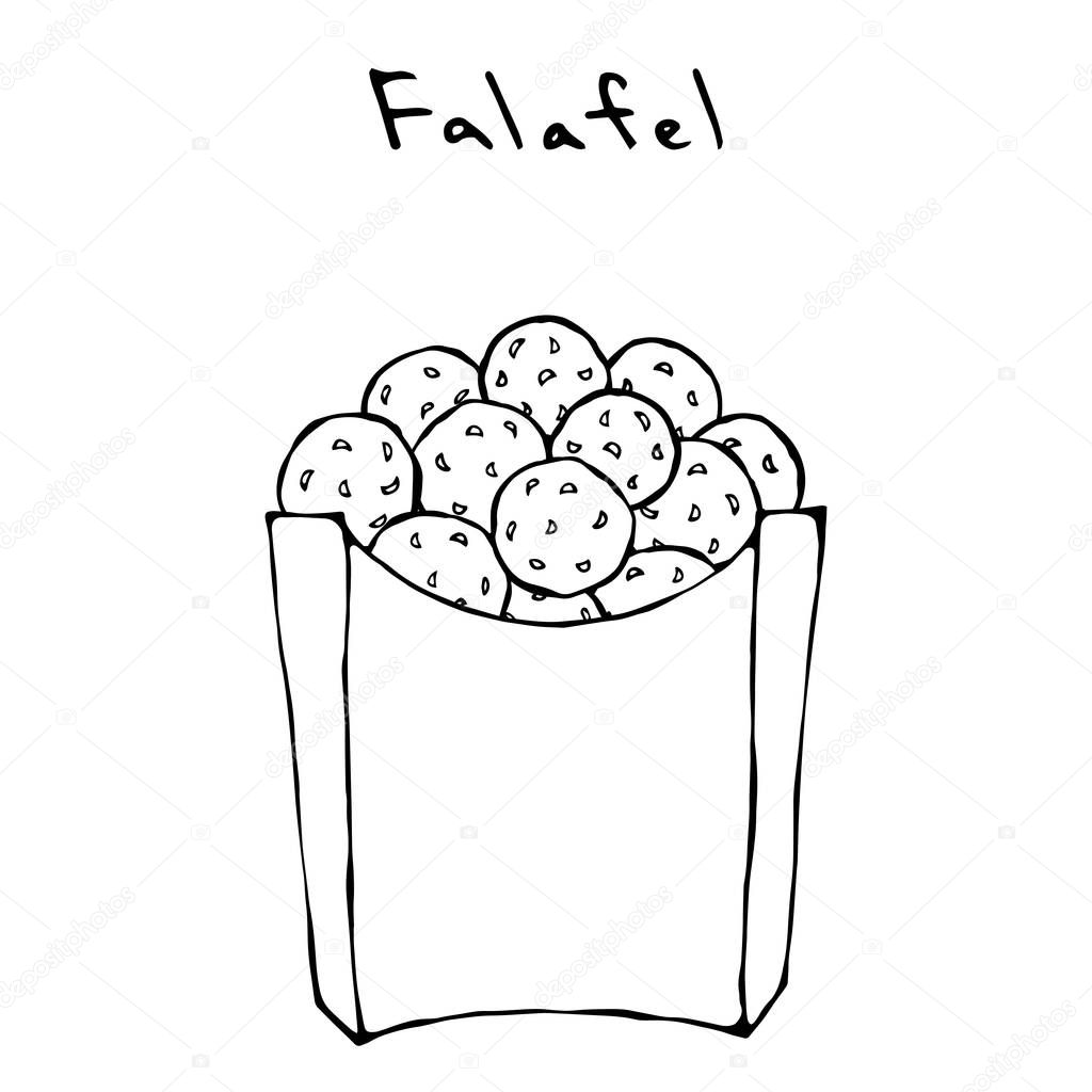 Falafel in a Box. Middle Eastern. Arabic Israel Vegetarian Healthy Fast Food. Jewish Street. Realistic Hand Drawn Illustration. Savoyar Doodle Style.