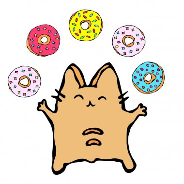 Savoyar kedi hokkabazlık çörek. Donut seviyorum. Şirin neşeli eğlenceli kırmızı ya da zencefil pisi eller ile dik. Sevimli kedi yavrusu kadar el ile. İllüstrasyon karikatür el çekilmiş. Doodle stili.