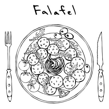 Falafel, roka bitki yaprakları, limon, domates, zeytin, tabak, çatal, bıçak sos. Arap İsrail vejetaryen sağlıklı Fast Food. Yahudi Sokağı. Gerçekçi elle çizilmiş şekil. Savoyar Doodle stili.