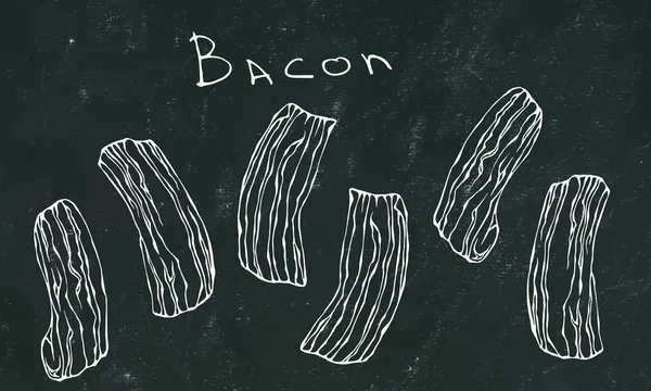 Black Chalk Board Background. Fried Bacon Slices. Roasted Pork Cut. Meat Guide for Butcher Shop or Steak House Menu. English Breakfast Ingredient. Hand Drawn Illustration. Savoyar Doodle Style.