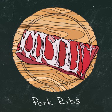 Siyah tebeşir tahtası arka plan. Ham Domuz kaburga bir yuvarlak ahşap kesme tahtası üzerinde kıyılmış. . Kasap dükkanı veya Steak House Restoran Menü. Taze madde. El çizimi çekilmiş. Savoyar Doodle stili.