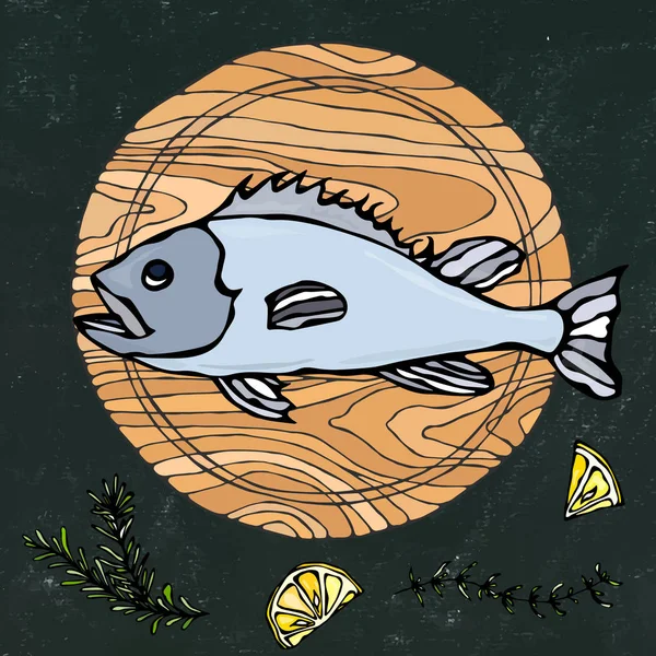 Schwarze Kreidetafel Hintergrund. ganze rohe Fische auf rundem Schneidebrett. zum Kochen, Urlaub Mahlzeiten, Rezepte, Meeresfrüchte Führer, Menü. handgezeichnete Illustration. Savoyar-Doodle-Stil. — Stockvektor