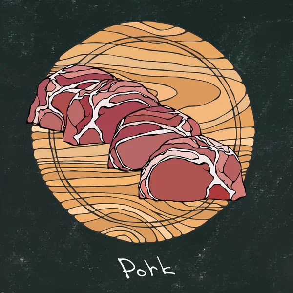 Fondo de pizarra negra. Trozos de cerdo crudo en una tabla de cortar de madera redonda. Cortes de cerdo. Butcher Shop o Steak House Restaurant Menu. Ingrediente fresco. Ilustración dibujada a mano. Estilo Doodle Savoyar . — Archivo Imágenes Vectoriales