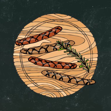 Siyah tebeşir tahtası arka plan. Yuvarlak ahşap kesme tahtası üzerinde Rosemary ile ızgara sosis. Fast Food ya da Restoran Menü. Taze madde. El çizimi çekilmiş. Savoyar Doodle stili.