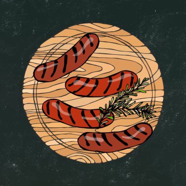 Siyah tebeşir tahtası arka plan. Yuvarlak ahşap kesme tahtası üzerinde Rosemary ile ızgara sosis. Fast Food ya da Restoran Menü. Taze madde. El çizimi çekilmiş. Savoyar Doodle stili.