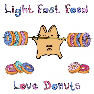 Savoyar kedi Holding Barbell ile çörek. Donut seviyorum. Işık Fast Food. Şirin neşeli eğlenceli kırmızı ya da zencefil Kitty. Sevimli kedi yavrusu kadar el ile. İllüstrasyon karikatür el çekilmiş. Doodle stili.