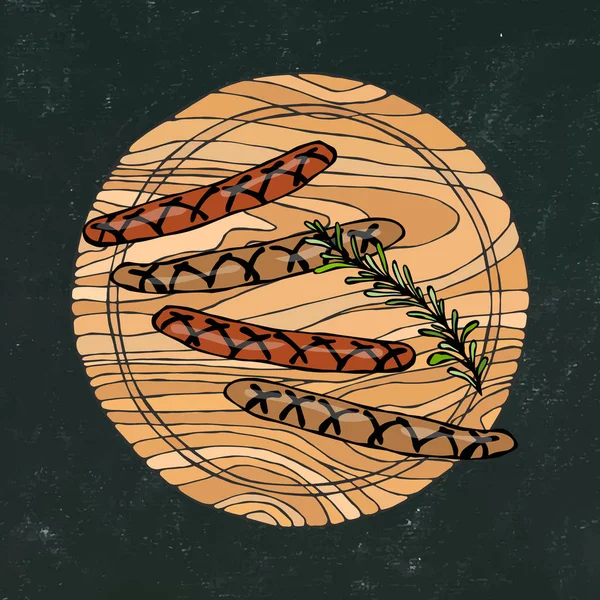 Siyah tebeşir tahtası arka plan. Yuvarlak ahşap kesme tahtası üzerinde Rosemary ile ızgara sosis. Fast Food ya da Restoran Menü. Taze madde. El çizimi çekilmiş. Savoyar Doodle stili.
