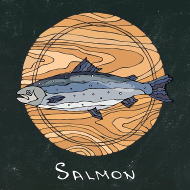 Siyah tebeşir tahtası arka plan. Tüm Çiğ somon balık yuvarlak kesme tahtası üzerinde. Tatil yemekler, yemek tarifleri, deniz ürünleri Rehberi, menü yemek, için. El çizimi çekilmiş. Savoyar Doodle stili.