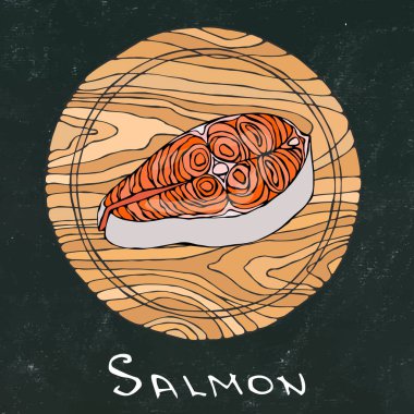 Siyah tebeşir tahtası arka plan. Yuvarlak kesme tahtası üzerinde Çiğ somon balık fileto. Balık, tatil yemekler, yemek tarifleri, deniz ürünleri, menü pişirme Rehberi için dilim kes. El çizimi çekilmiş. Savoyar Doodle stili.