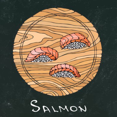 Siyah tebeşir tahtası arka plan. Yuvarlak kesme tahtası üzerinde somon balıklı Sushi Nigiri. Balık deniz ürünleri Rehberi, tatil yemekler, yemek tarifleri, yemek pişirmek için dilim kes. El çizimi çekilmiş. Savoyar Doodle stili.