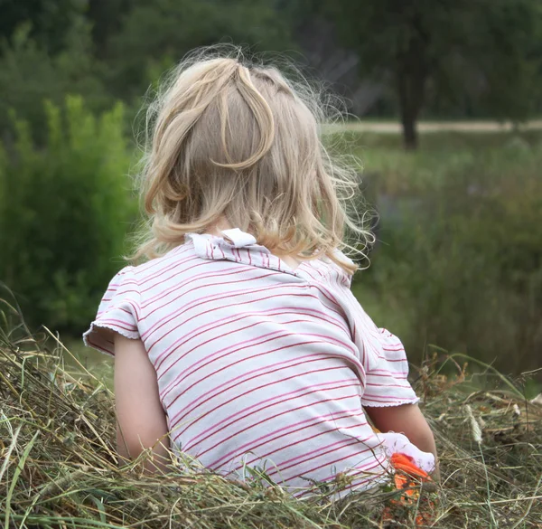 stock image Girl and hay. A little girl is shoveling hay. Help with the housework. Summer in the countryside. Vacation for children. A stack of hay