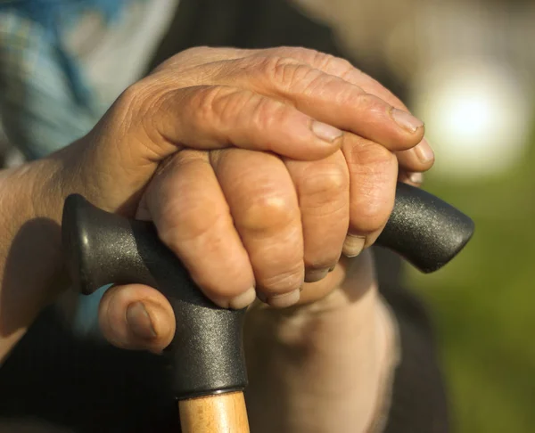 Closeup starší ženské ruce na hůl dřevěná — Stock fotografie