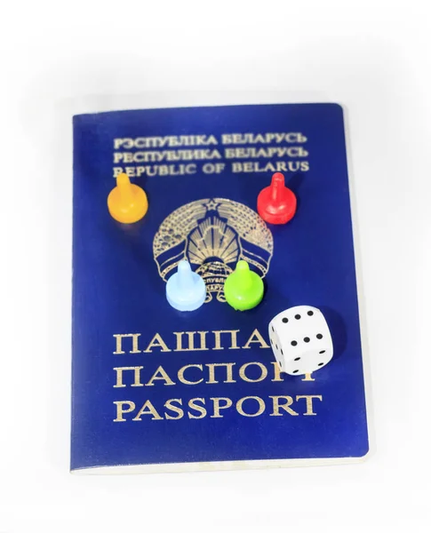 Passport, dice and playing cards center - passport. You can lose everything - life. close-up — Stock Photo, Image
