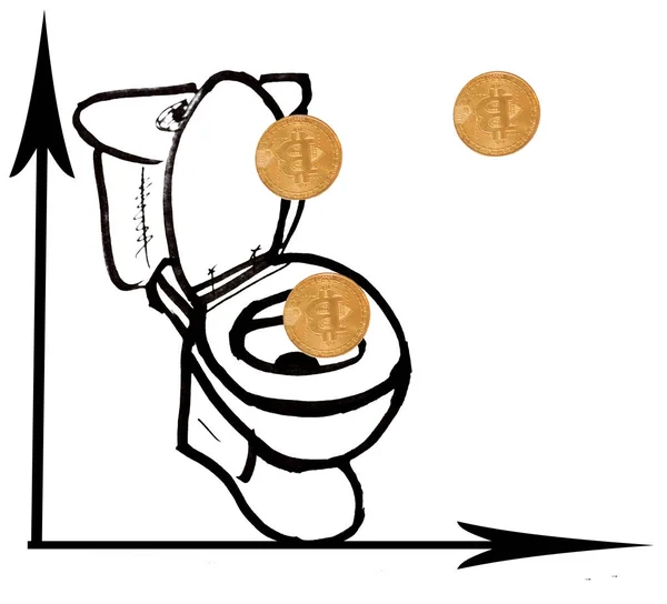 Bitcoin op een vel wit papier. Afbeelding tekenen met bitcoat snelheid te minderen. De grafiek is gedaald onder nul. Munten erin neerzetten in het toilet — Stockfoto