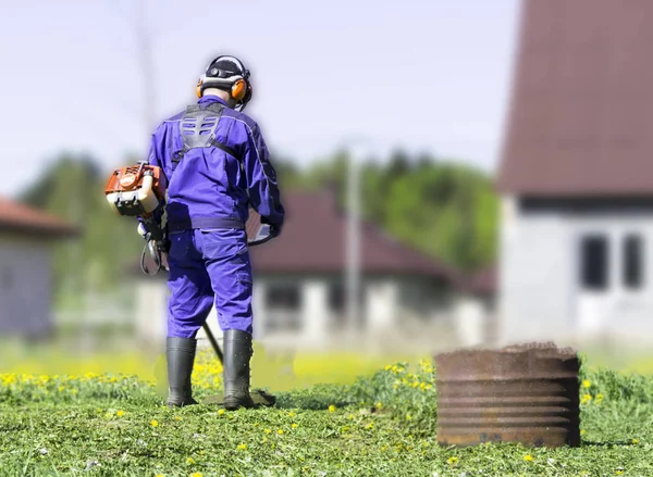 Mavi elbiseli bir adam. Koruyucu bir kask ve kulaklık. Otlar hasat üretir. Yüz odaklanmak değil — Stok fotoğraf