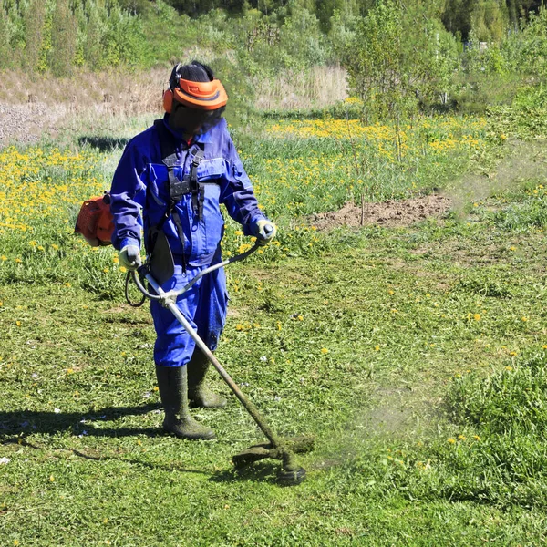 Un hombre con un traje azul. En un casco protector y auriculares. Produce la cosecha de hierbas. La cara no se enfoca — Foto de Stock